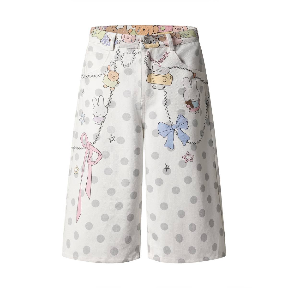 Washed Rabbit Print Polka Dot Bow Detail Relaxed Wide-Leg Bermuda Shorts