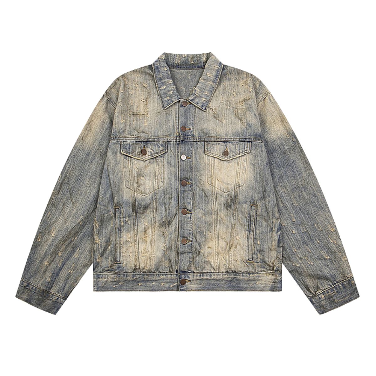 Distressed Washed Slub Denim Jacket with Dirty Dye