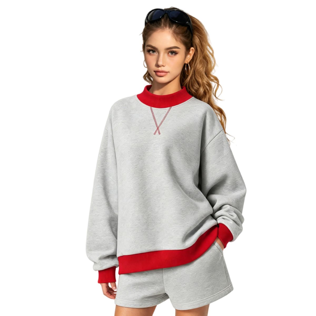 Mock Neck Sweatshirt With Contrast‑Color Stitching
