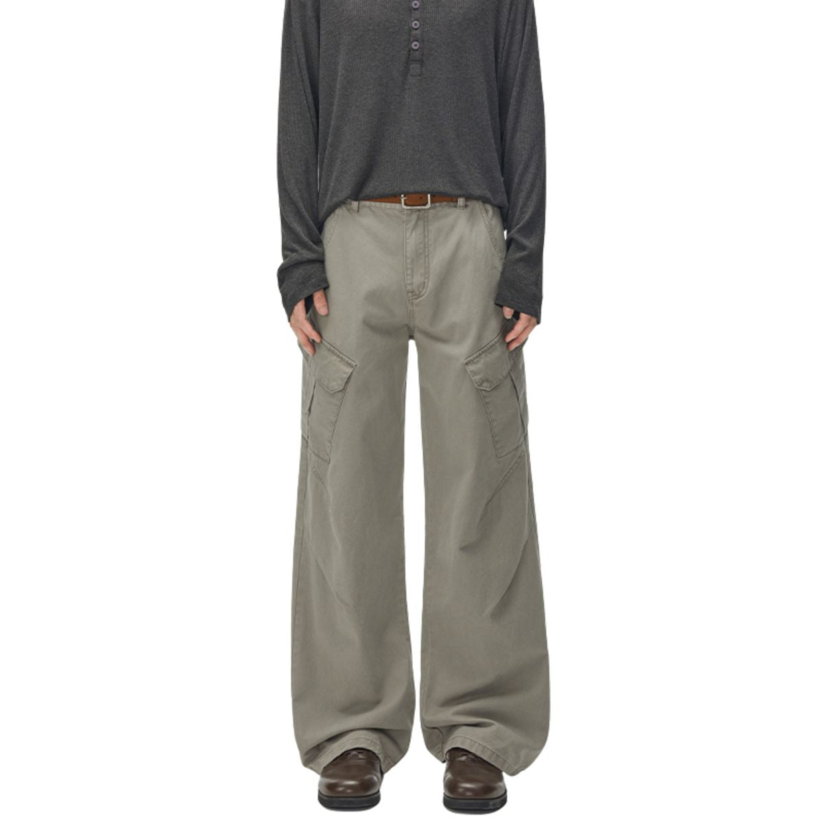 Deconstructed Curved Wide‑Leg Cargo Pants