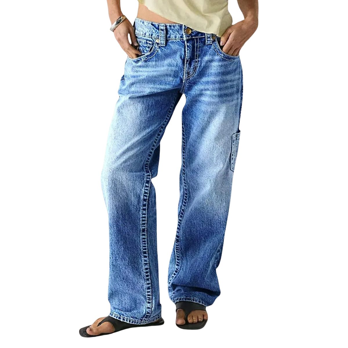 Women's Multi-Pocket Washed Mid Rise Straight Leg Jeans