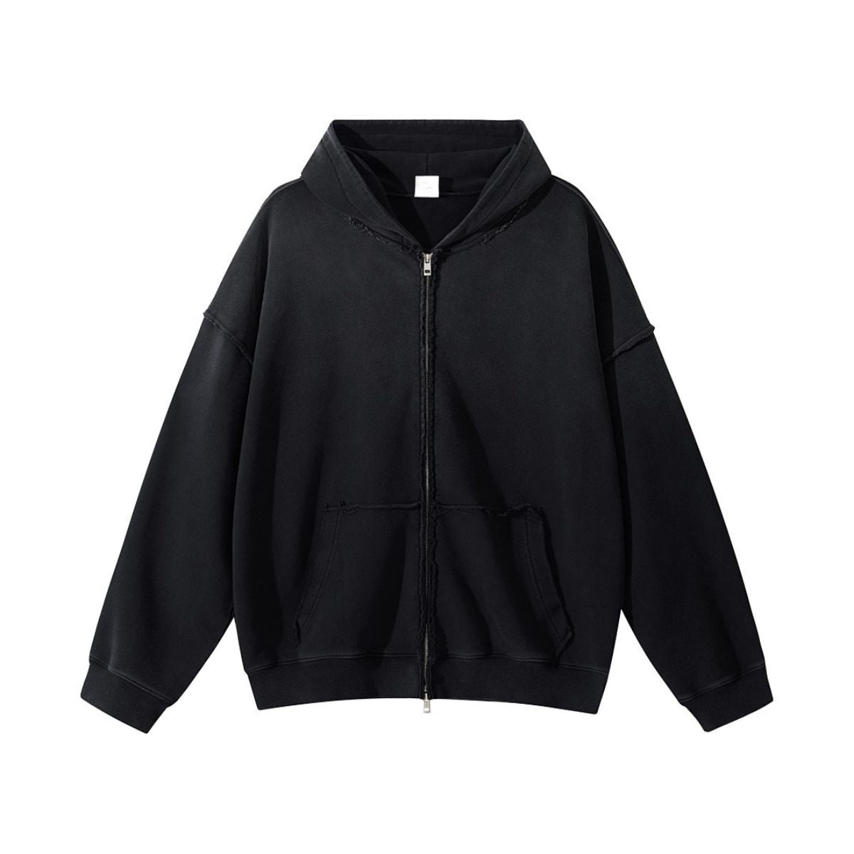 Cotton Vintage Distressed Gradient Raw‑Edge Zip Hoodie
