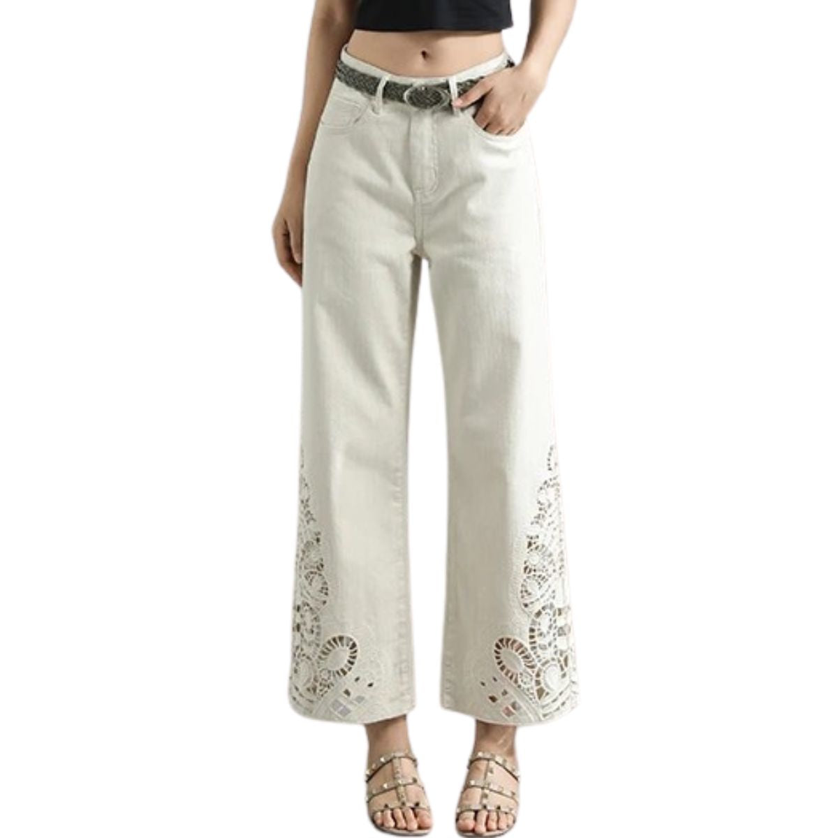Risen Jeans Wide Leg Embroidered Cut-Out Ankle Jeans