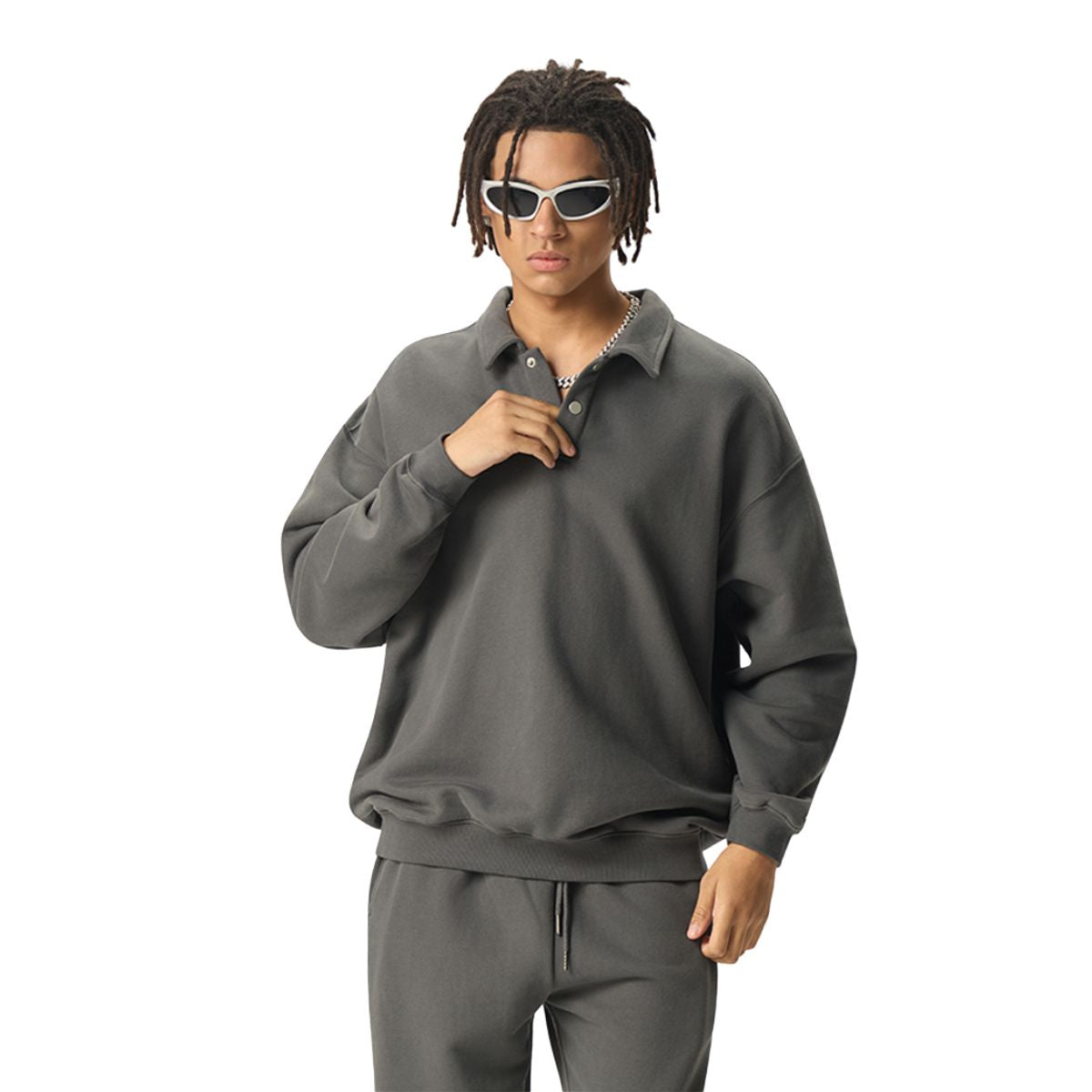 Solid Color Fleece Polo Collar Sweatshirt