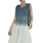 Floral-Embroidered Cut-Out Denim Vest