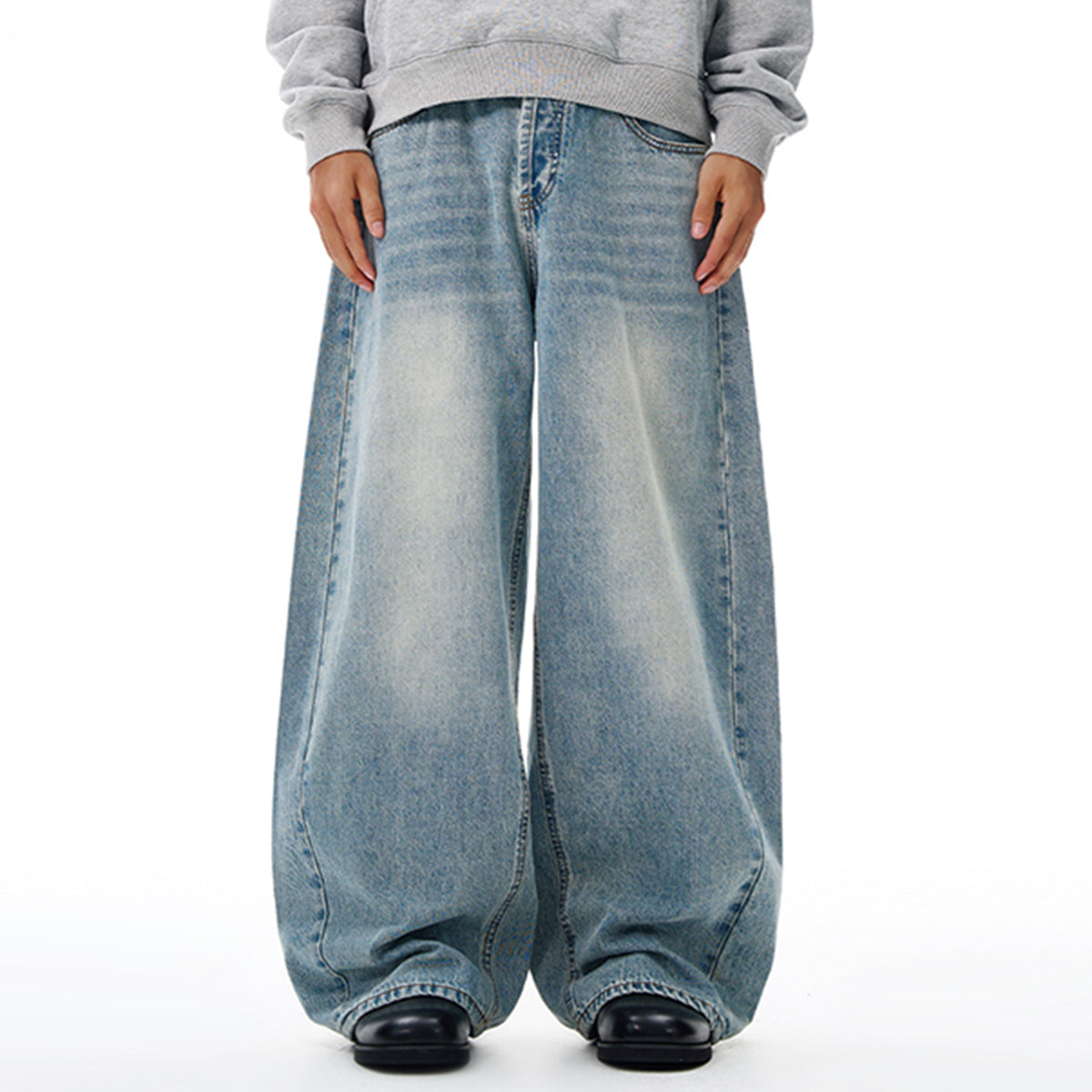 Relaxed Fit Wide Leg Denim Jeans Vintage Washed