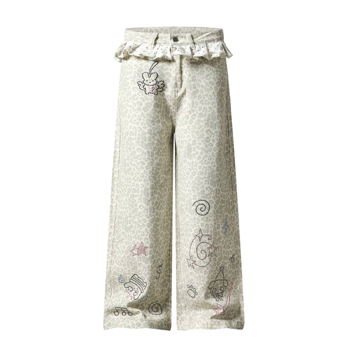 Leopard Print Polka Dot Ruffle Waist Rhinestone Graffiti Wide-Leg Jeans