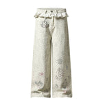 Leopard Print Polka Dot Ruffle Waist Rhinestone Graffiti Wide-Leg Jeans