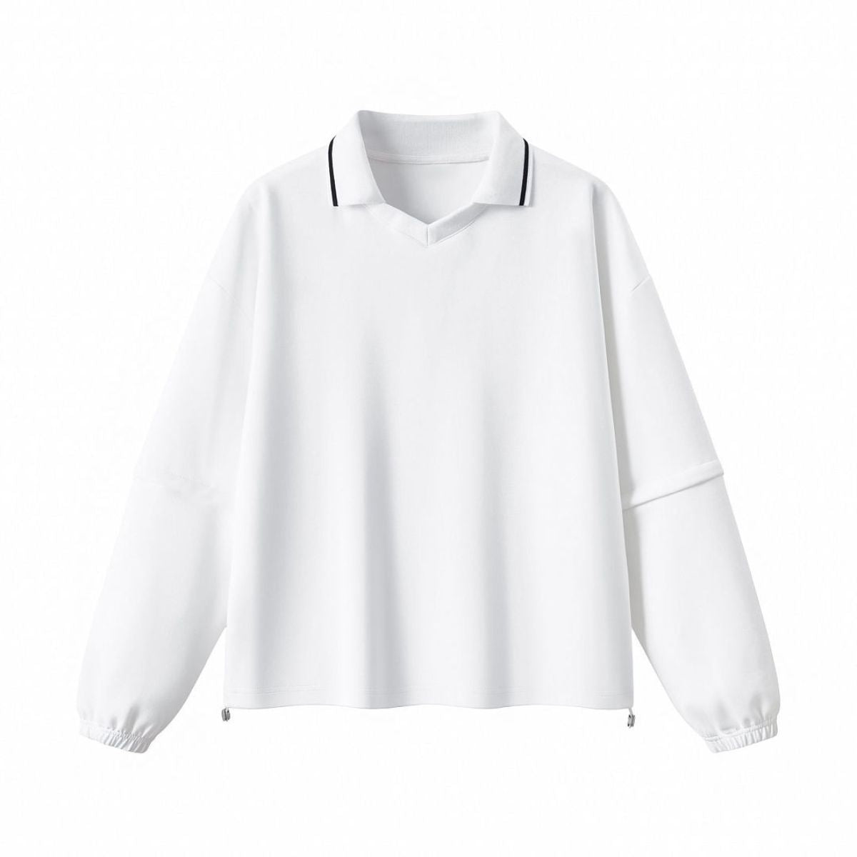 V‑Neck Color‑Contrast Hem Adjustable Drawstring Elastic Polo Sweatshirt