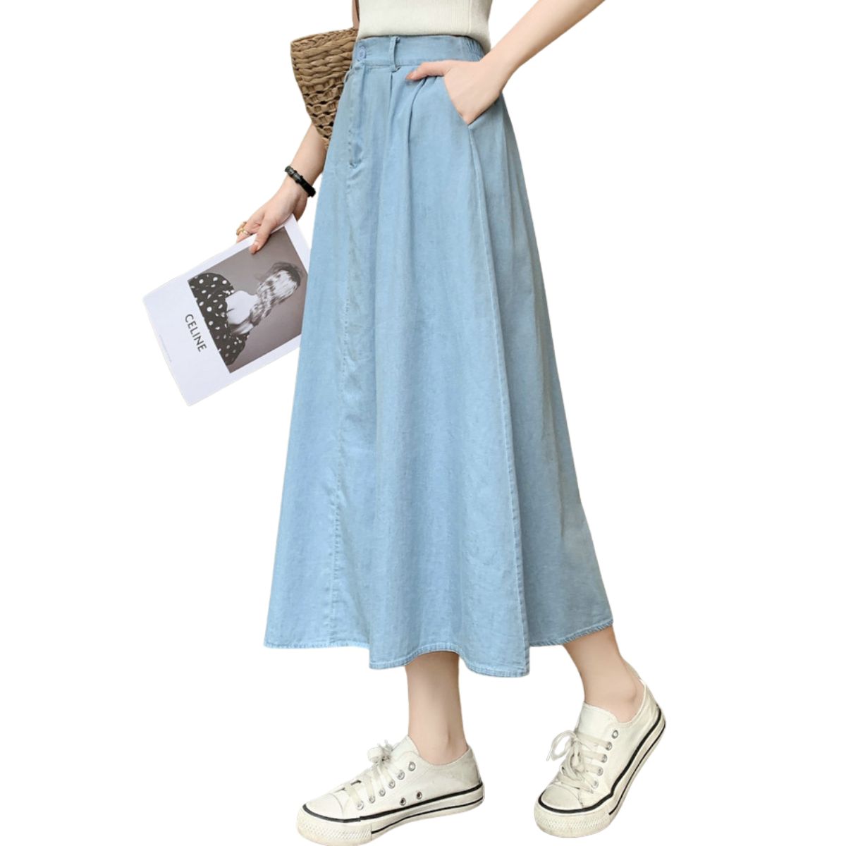 Lightweight Denim Midi Pleated Skirt