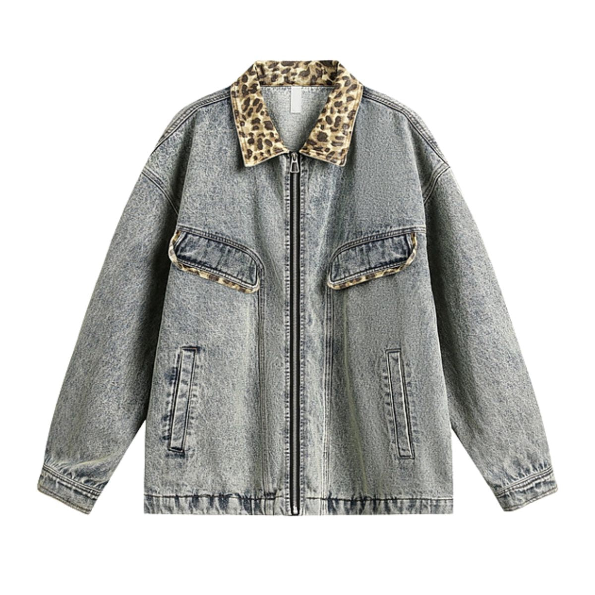Vintage Streetwear Leopard Print Patchwork Washed Denim Jacket