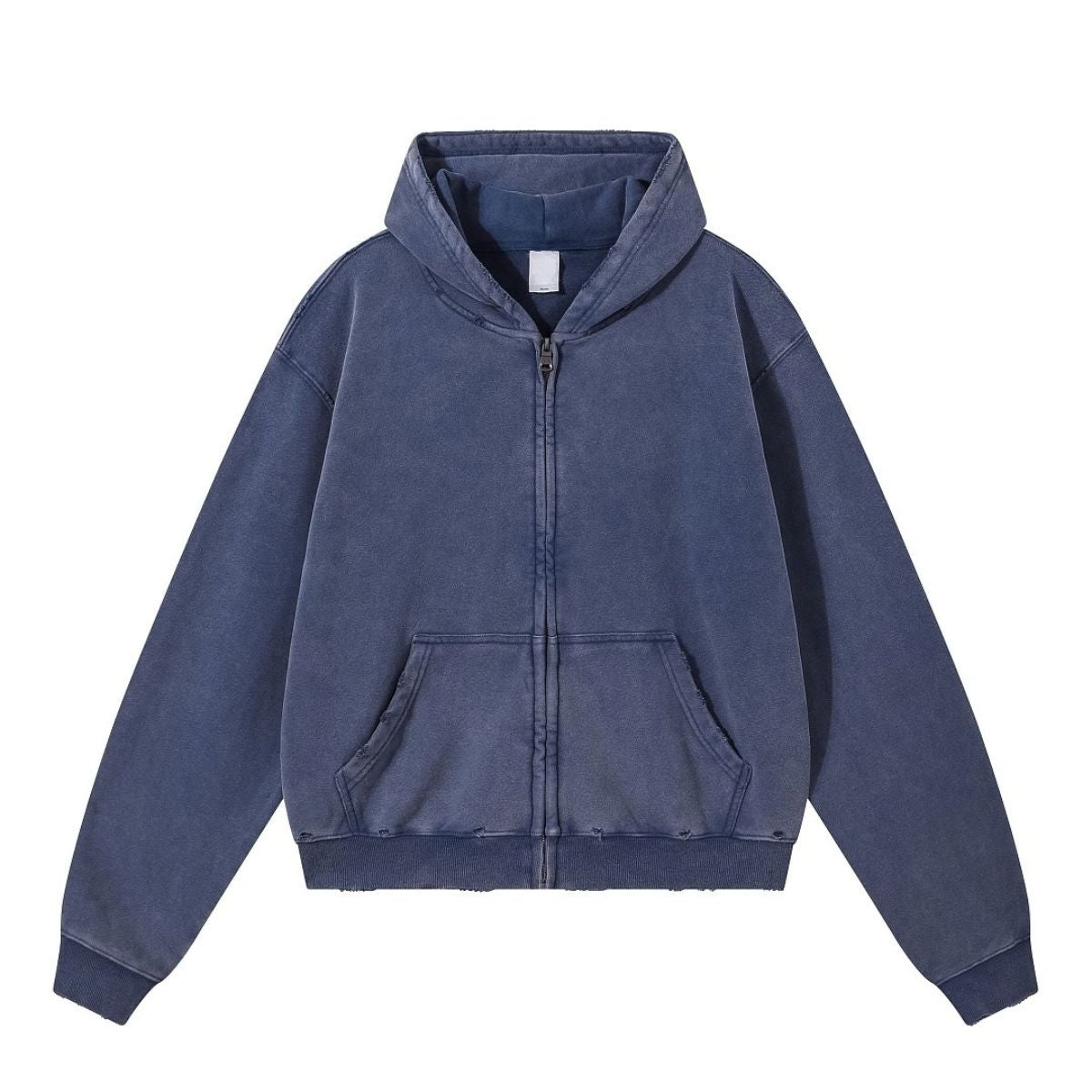 Boxy Cropped Stacked Sleeve Ripped Distressed Full Zip Hoodie
