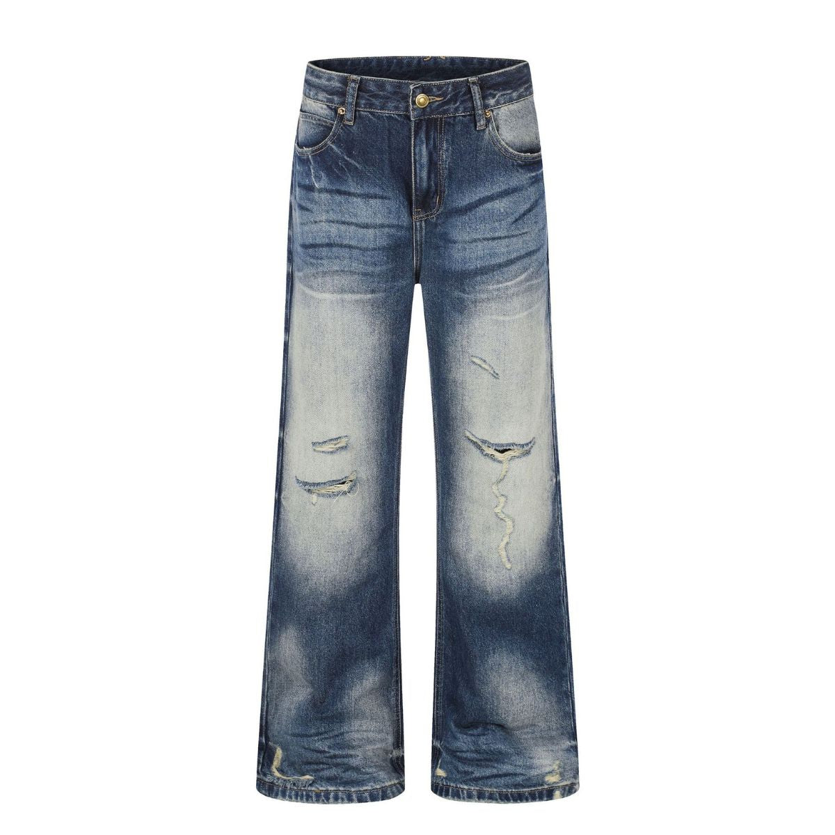 Washed Blue Distressed Micro Flare Vintage Denim Jeans