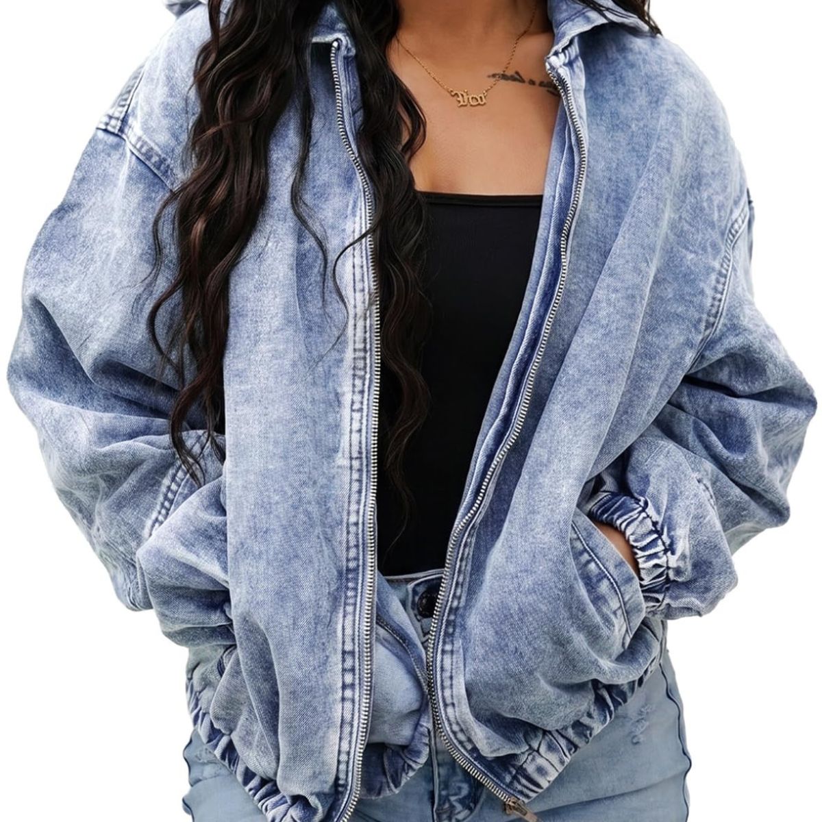 Women's Zip Up Hooded Cropped Denim Jacket