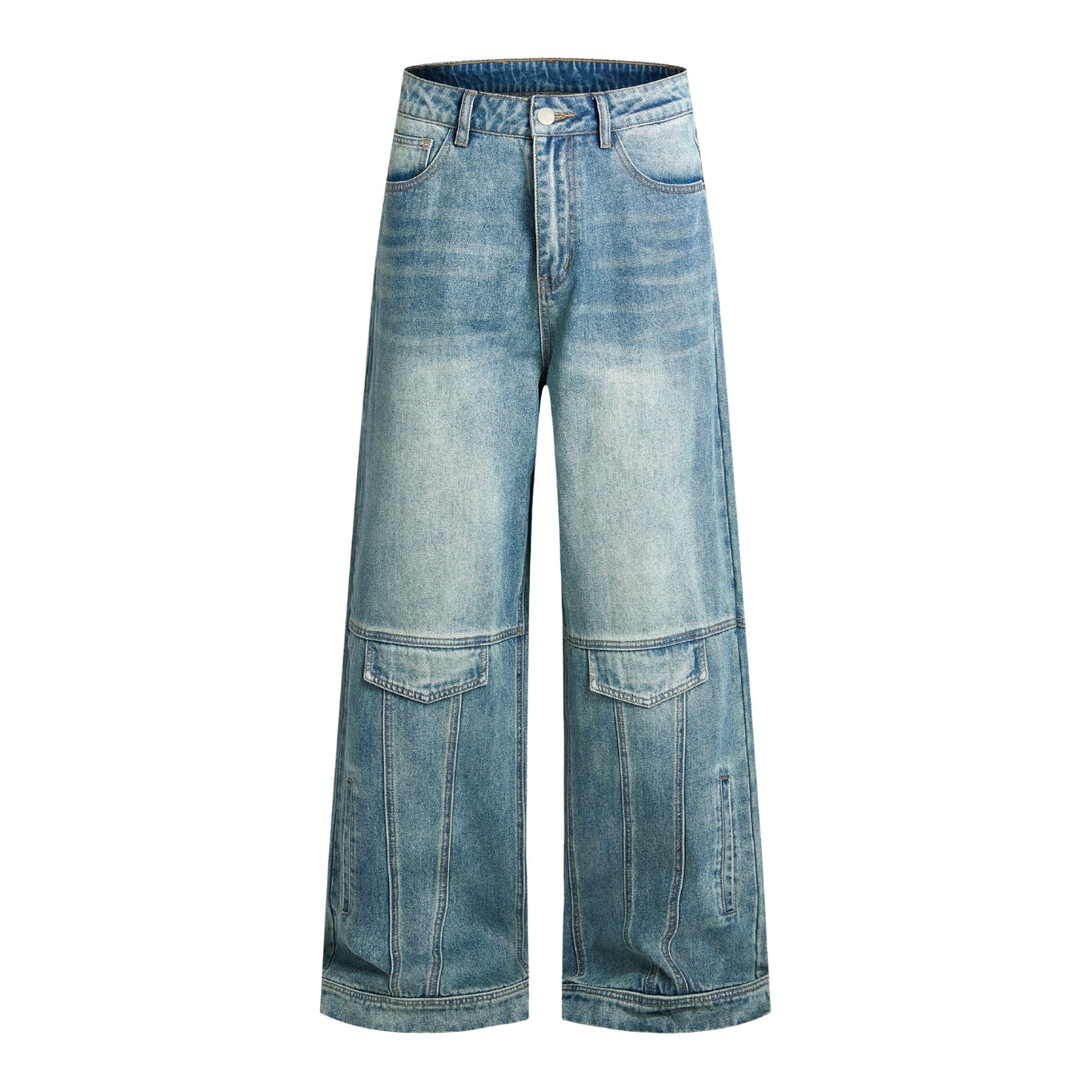 Washed Faux-Pocket Paneled Workwear Baggy Jeans