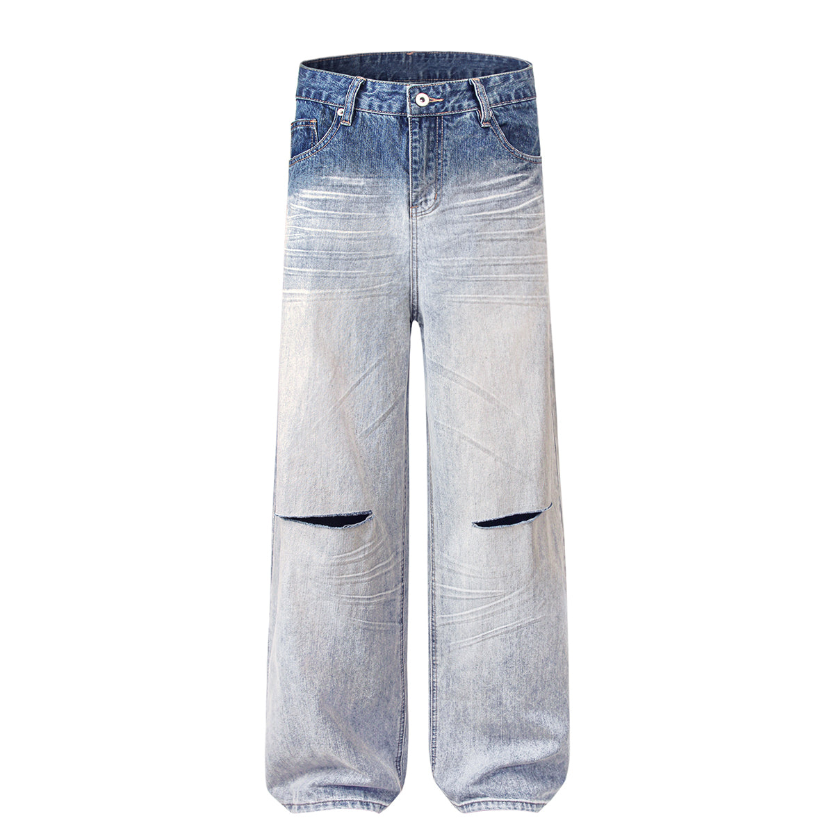 Gradient Fade Knee-Ripped Baggy Jeans