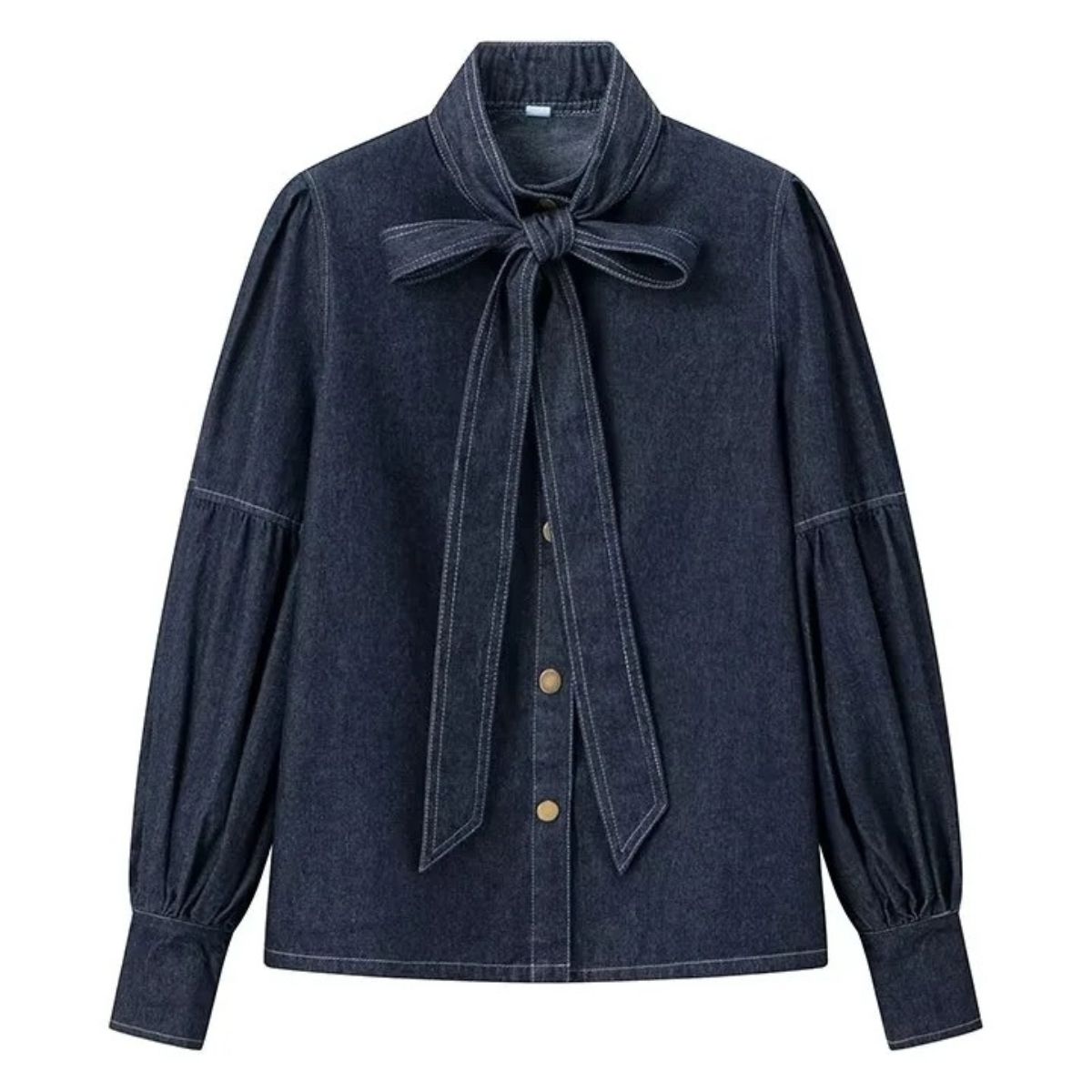 Stand-up Collar Bow Denim Blouse