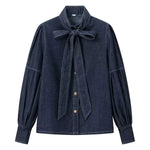 Stand-up Collar Bow Denim Blouse