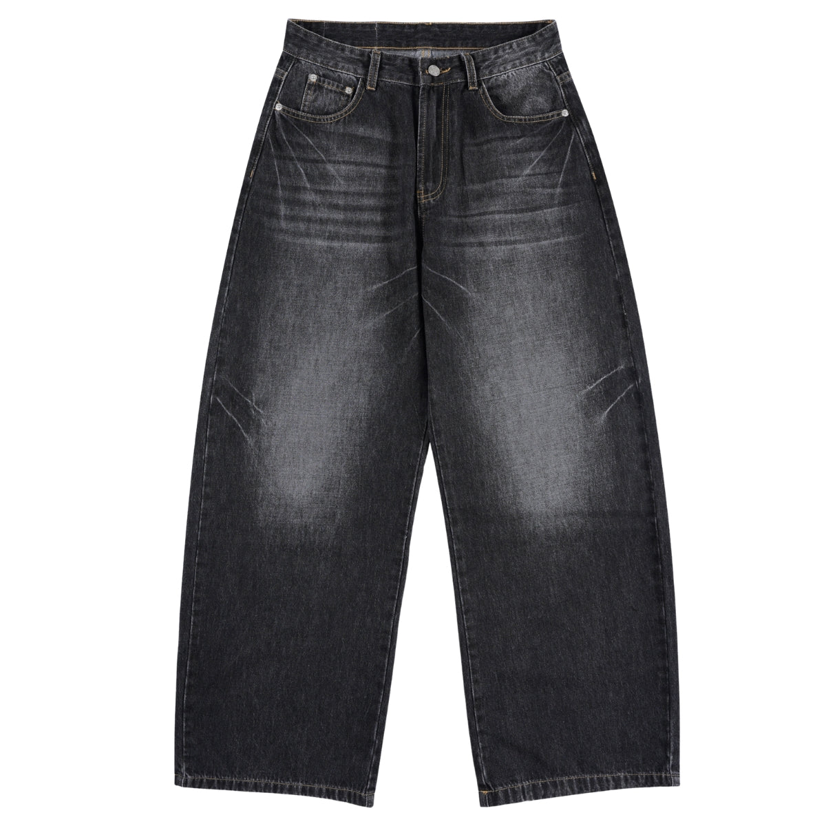 Faded Crackle Wash Baggy Curved Leg Denim Jeans