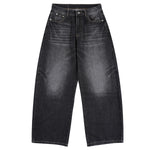 Faded Crackle Wash Baggy Curved Leg Denim Jeans