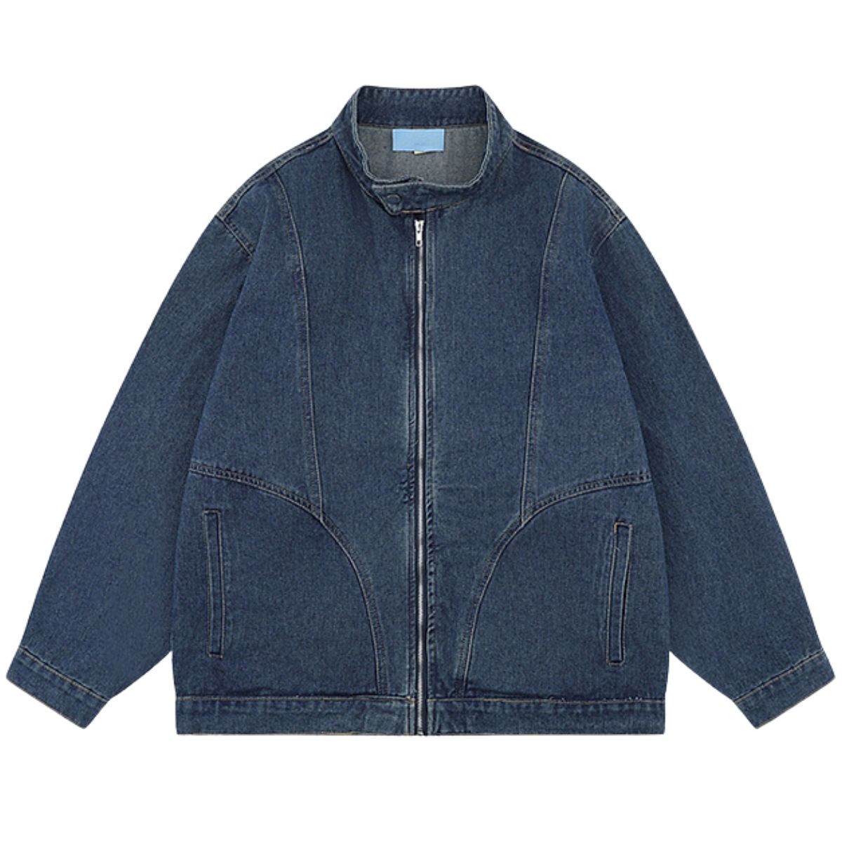 Heavy Industry Retro Zipper Stand Collar Motorcycle Wear Washed Denim Jacket