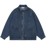 Heavy Industry Retro Zipper Stand Collar Motorcycle Wear Washed Denim Jacket