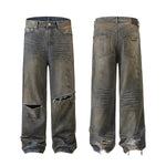 Wrinkle Wash Heavy Ripped Denim Pants