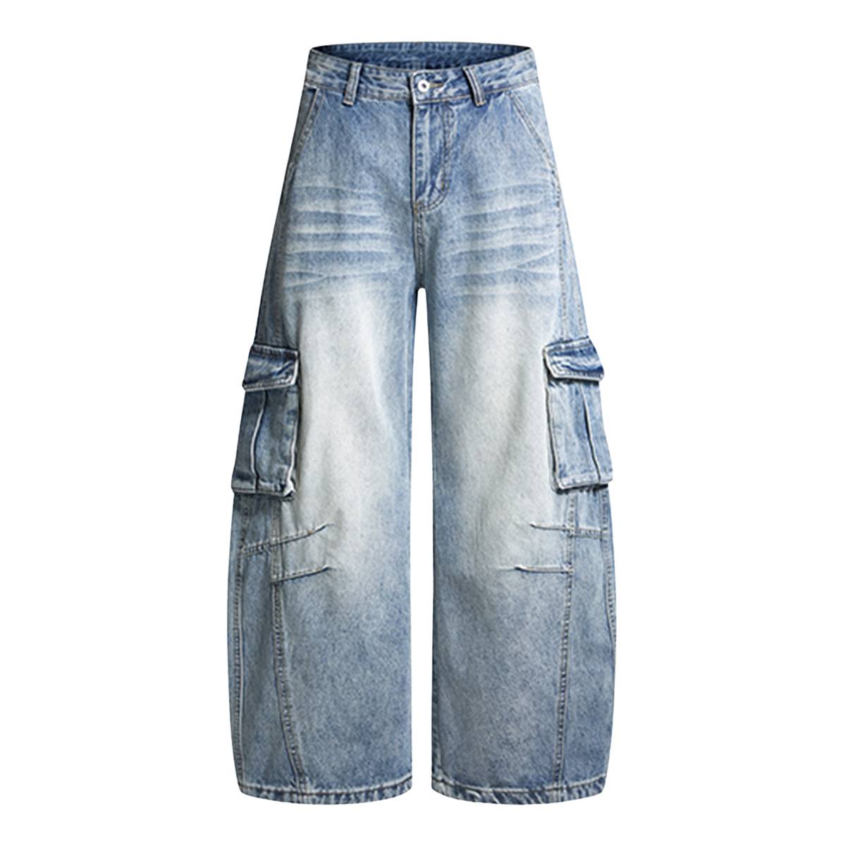 American Vintage Washed High-Waist Curved Wide-Leg Workwear Denim Pants
