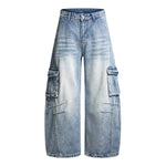 American Vintage Washed High-Waist Curved Wide-Leg Workwear Denim Pants