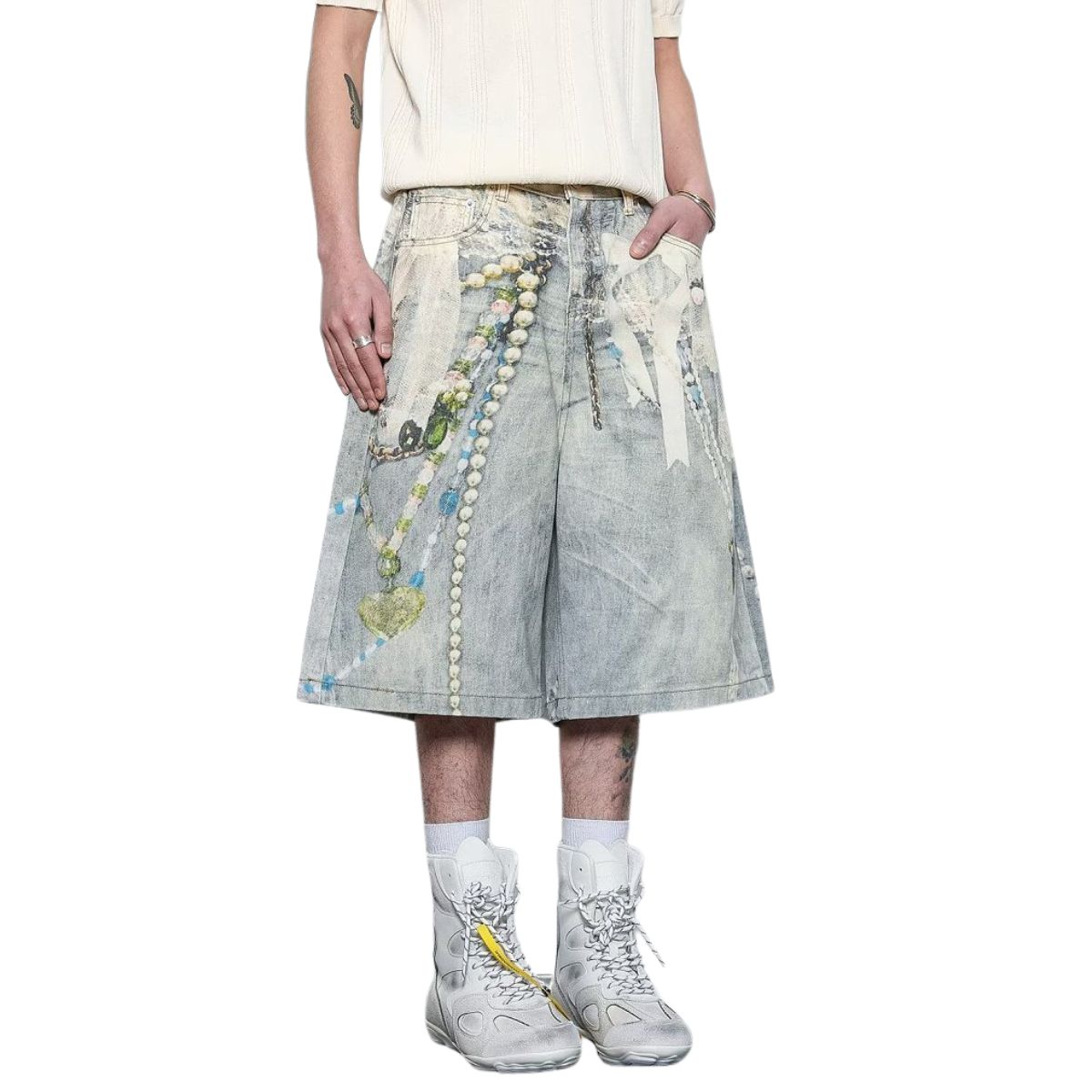 Vintage Graphic Print Relaxed Fit Denim Capri Shorts