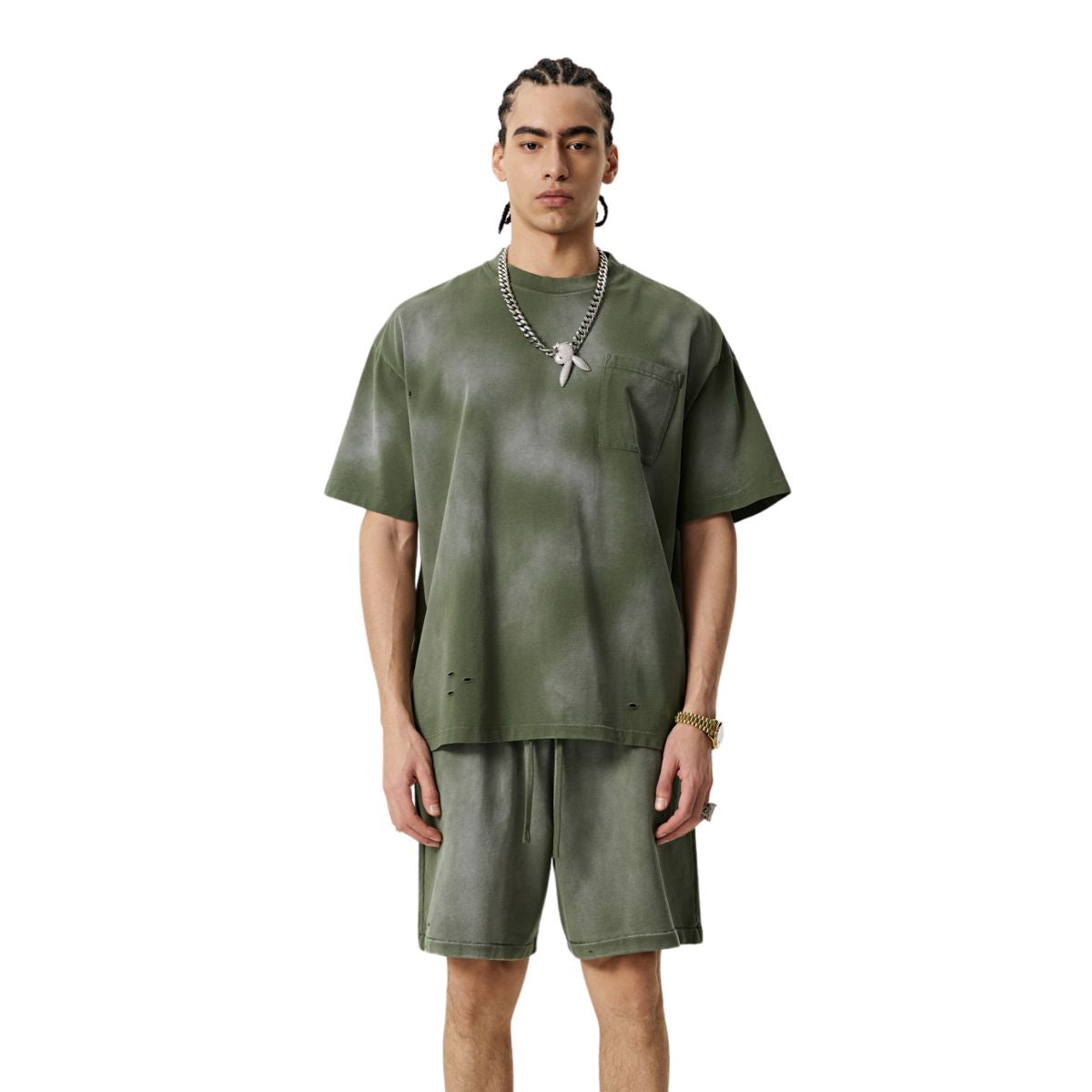 Camiseta con bolsillo desgastado y lavado ácido de 8.5 oz