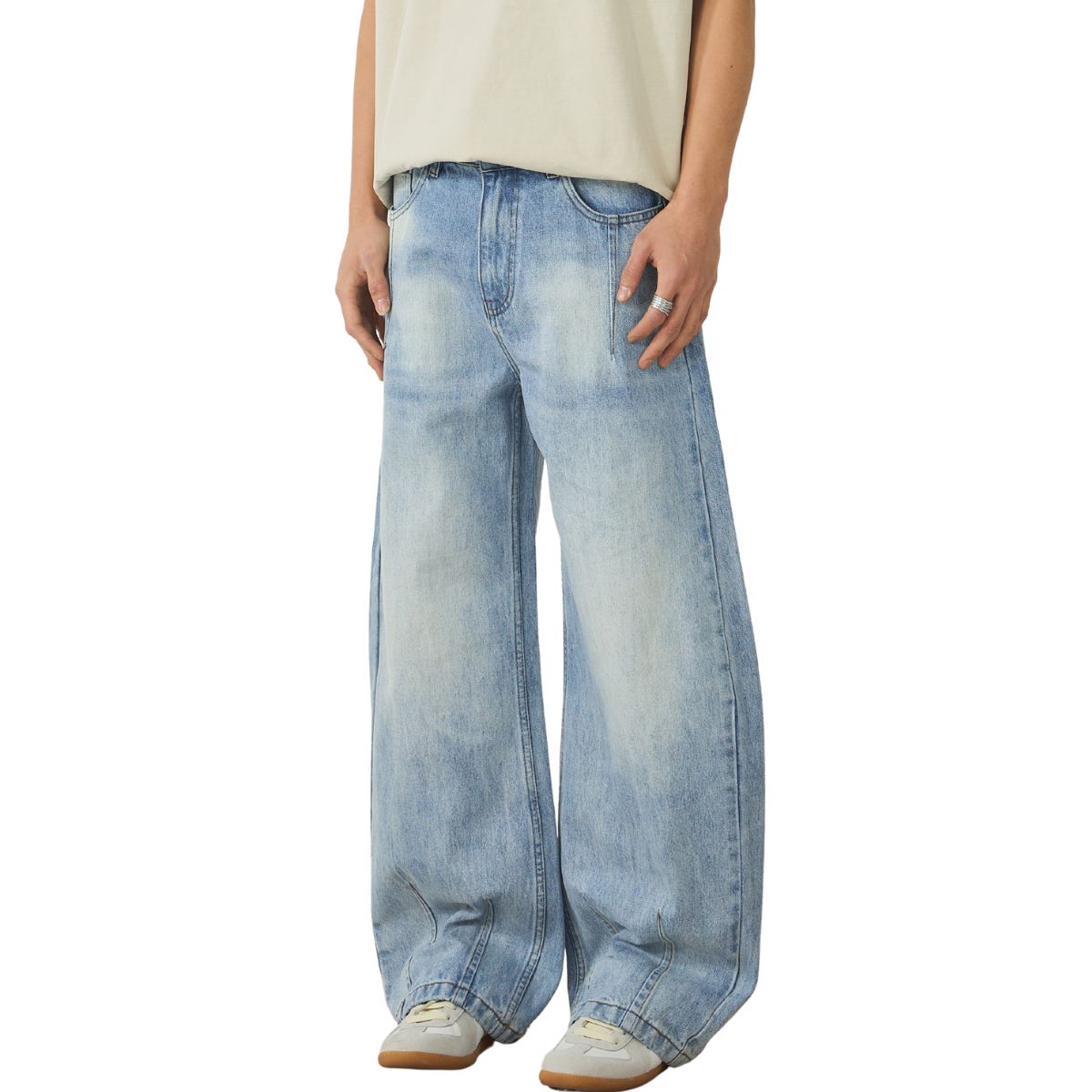 Light Blue Pleated Barrel-Leg Jeans