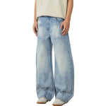 Light Blue Pleated Barrel-Leg Jeans