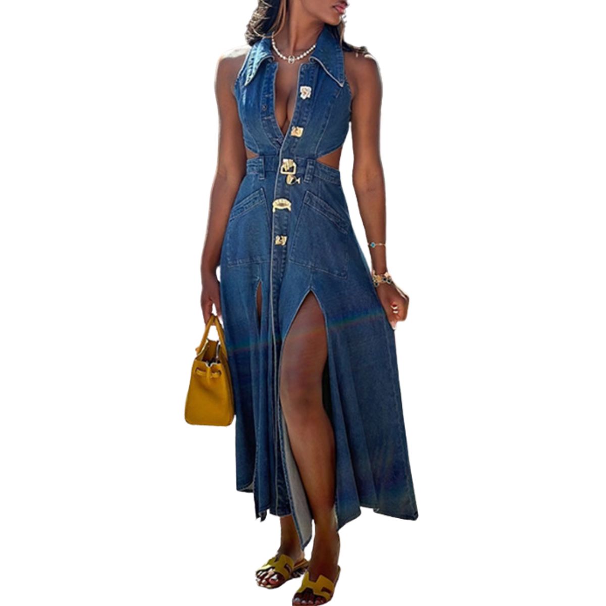 Cut-Out Sleeveless Button-Front Denim Midi Dress