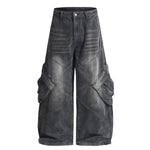 Cargo Wide Leg Distressed Wash Denim Jeans