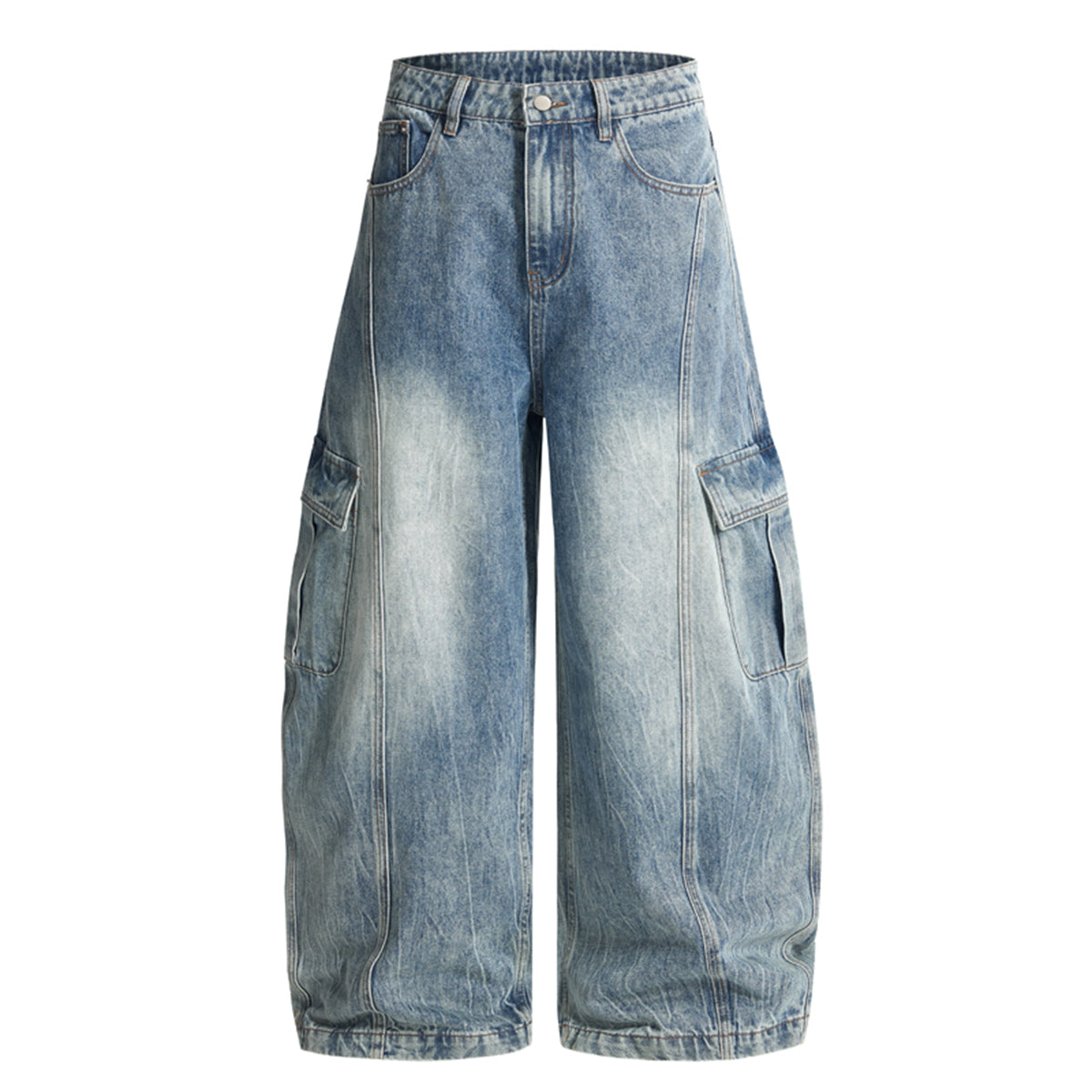 Distressed Cargo Style Wide Leg Denim Jeans