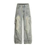 Men's Distressed Washed Denim Cargo Pants Wide Leg Unique Structured