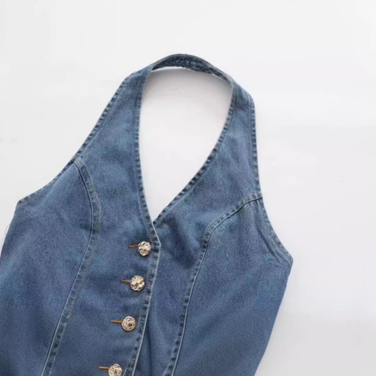 Halter Neck A-Line Denim Midi Dress