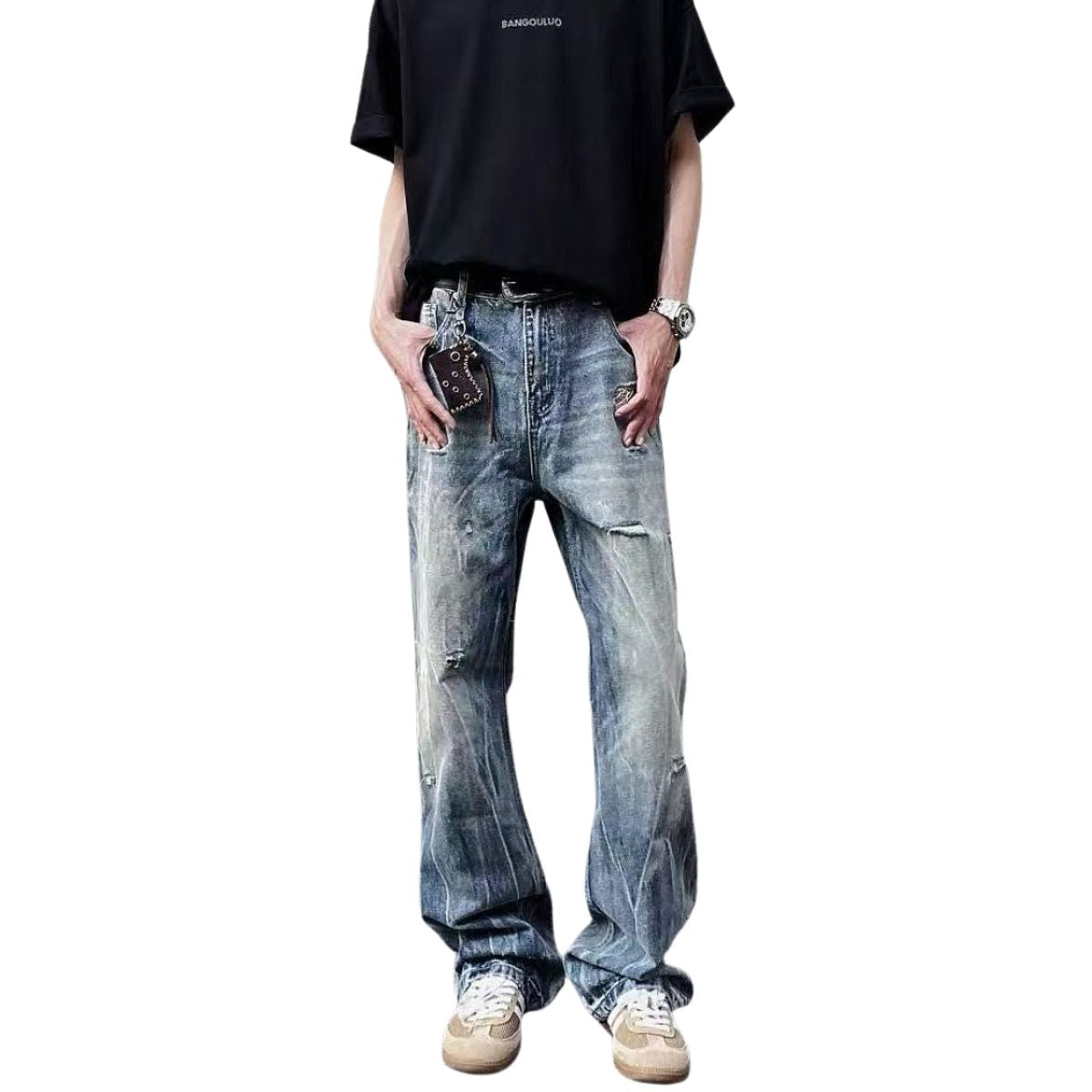 Distressed Fade Relaxed Flare Denim Jeans