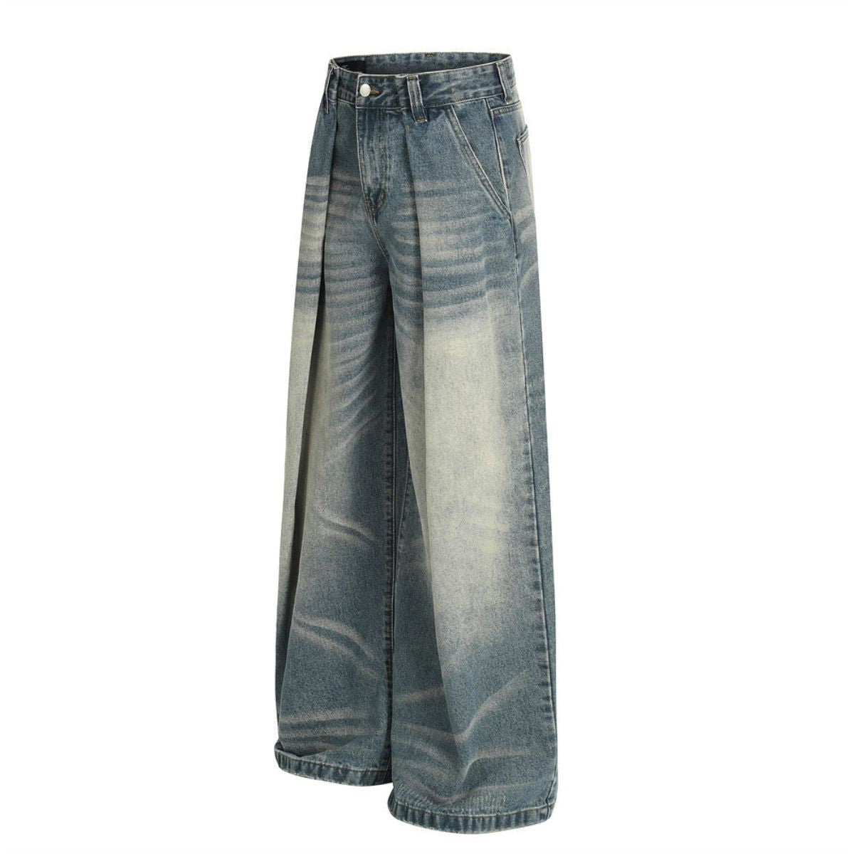 Men's Washed Distressed Denim Pants Loose Wide Leg Pleated Fade