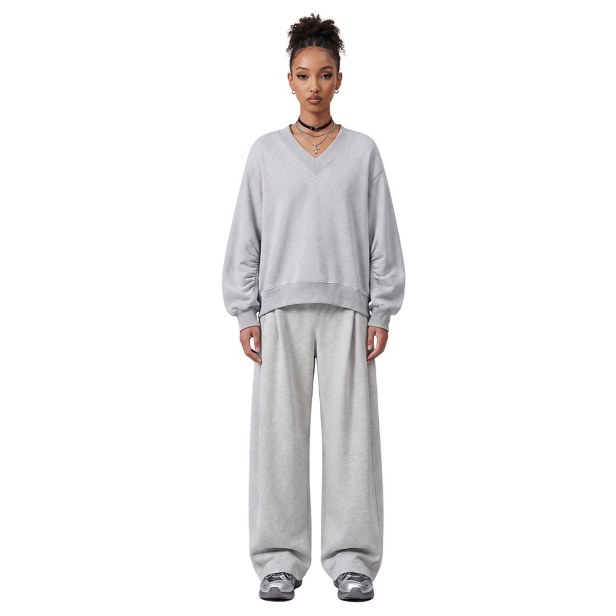 Boxy Short‑Wide V‑Neck Sweatshirt With Gathered Lantern Puff Sleeves