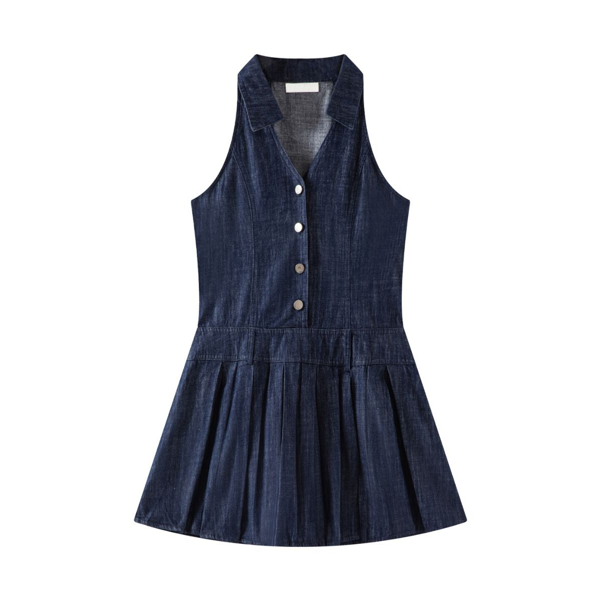 Denim Sleeveless Button-Front Pleated Dress