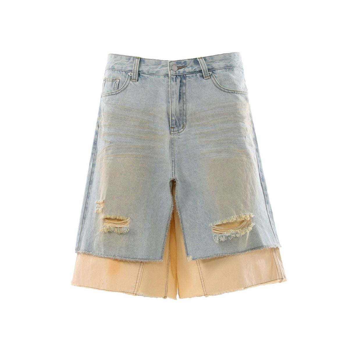 Layered Two-Tone Distressed Denim Bermuda Shorts
