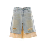 Layered Two-Tone Distressed Denim Bermuda Shorts