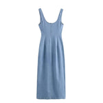 Button-Front Strappy Denim Maxi Dress
