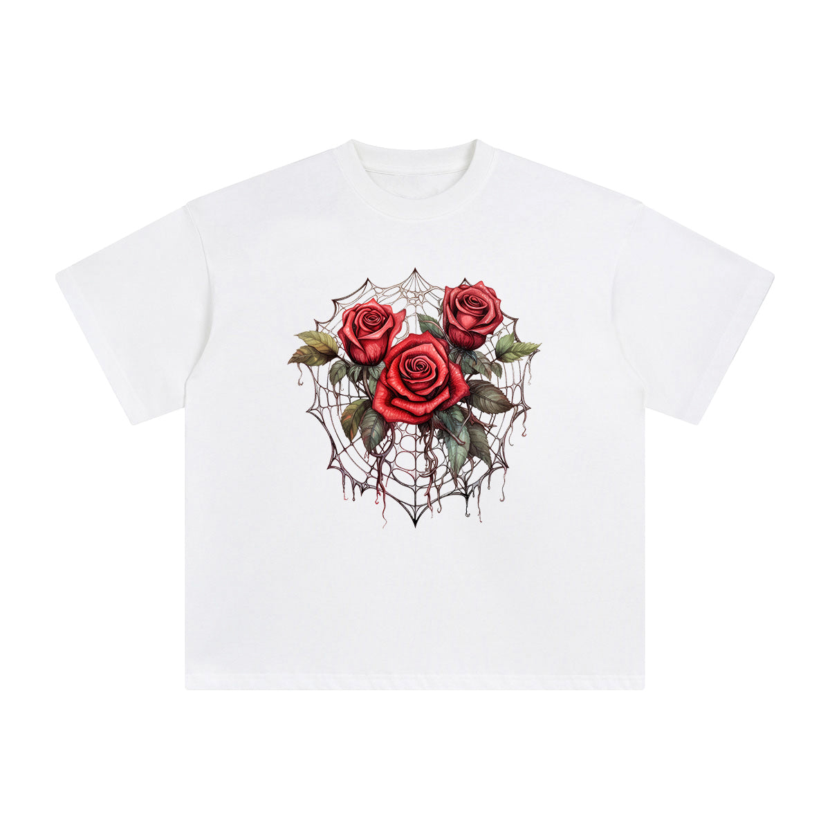 Gothic Spiderweb & Red Roses Graphic Tee-INNBLAC Fashion Apparel