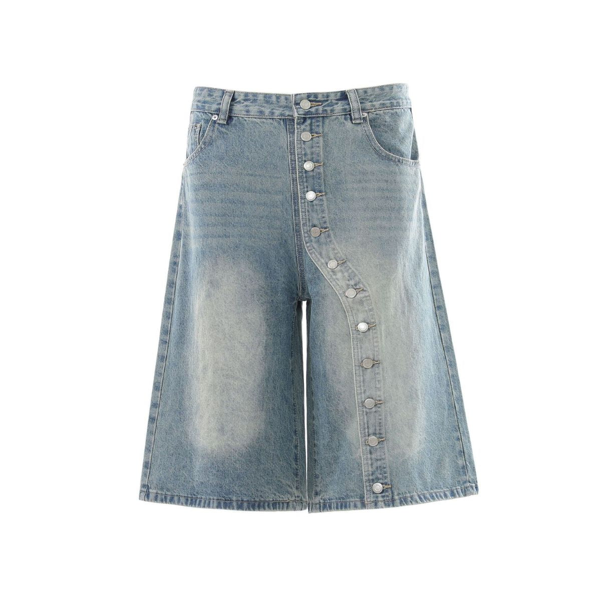 Vintage Washed Asymmetrical Button Denim Bermuda Shorts