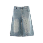 Vintage Washed Asymmetrical Button Denim Bermuda Shorts