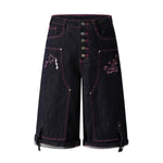 Washed Contrast Star Heart Embroidered Button Wide-Leg Bermuda Shorts