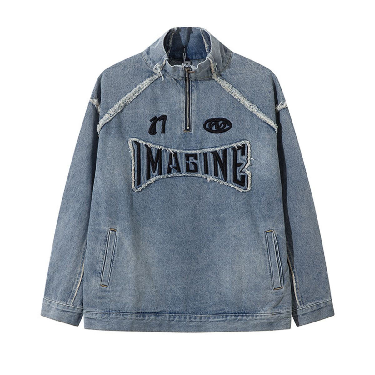 Oversized Stand-up Collar Washed Distressed Denim Jacket